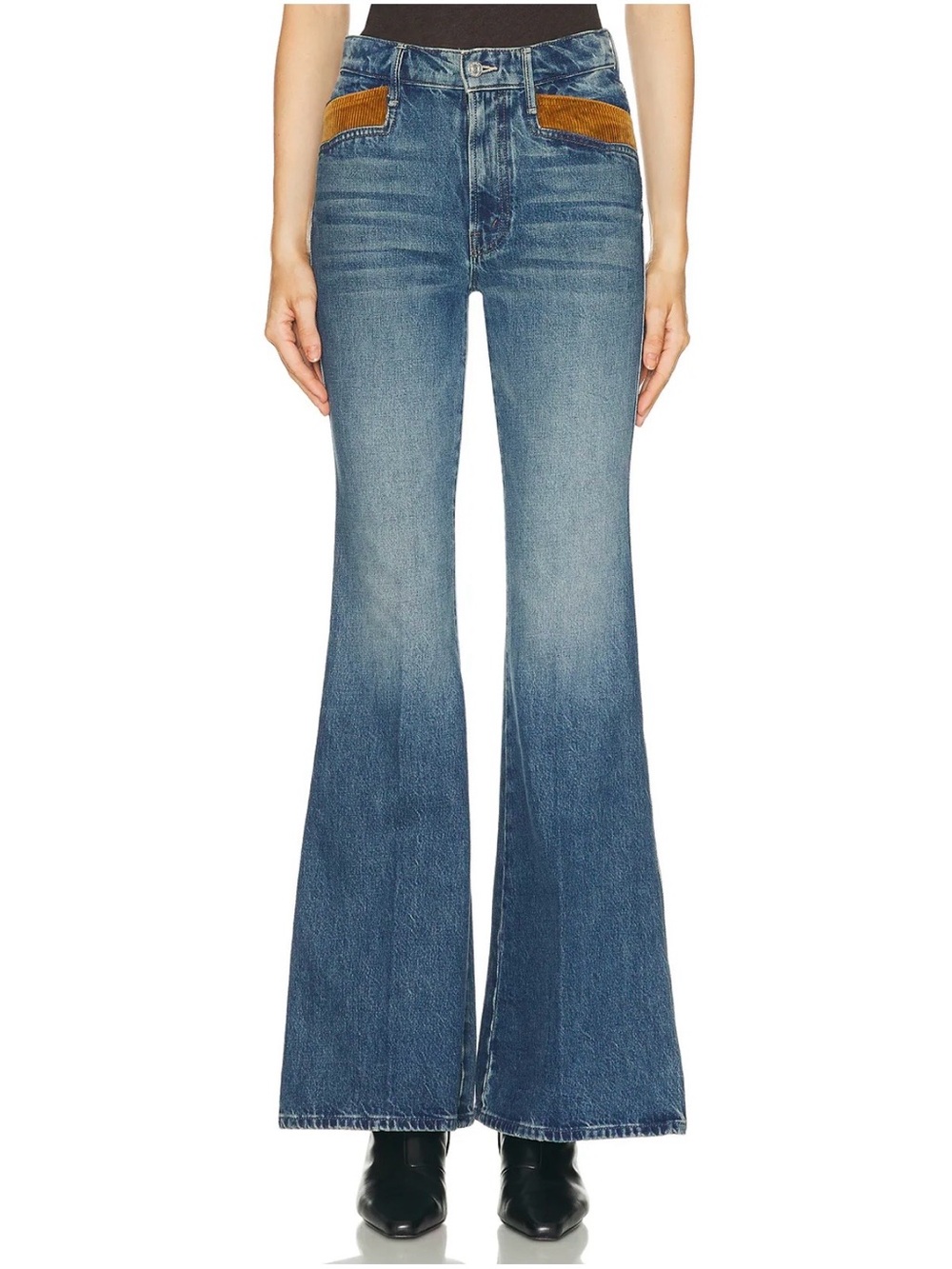 MOTHER Blue High-Rise Flare Jeans with Brown Pocket Accents